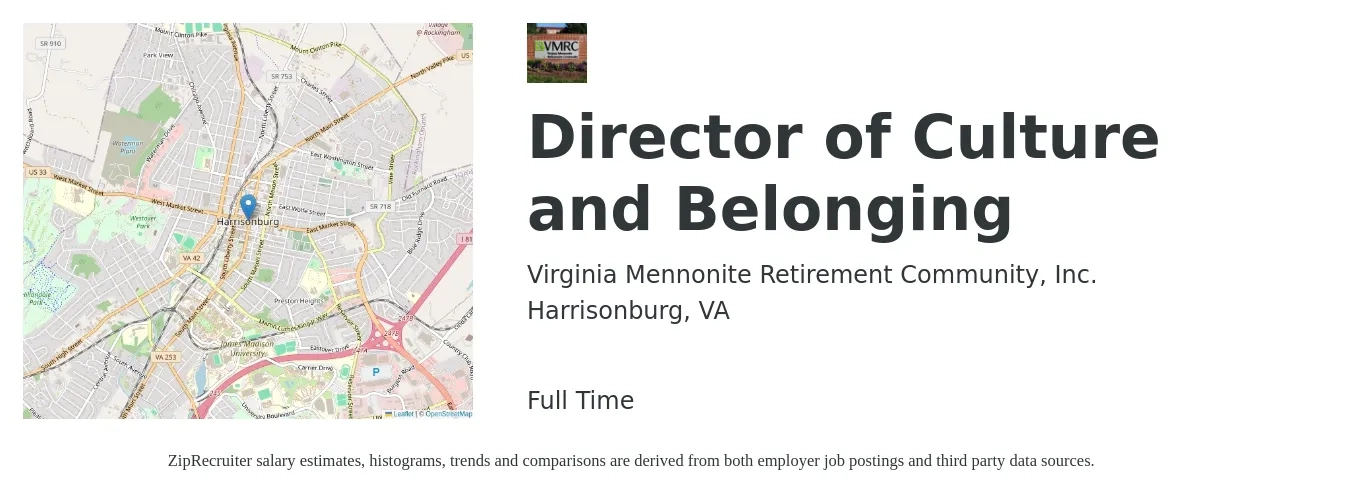 Virginia Mennonite Retirement Community, Inc. job posting for a Director of Culture and Belonging in Harrisonburg, VA with a salary of $87,100 to $131,400 Yearly with a map of Harrisonburg location.