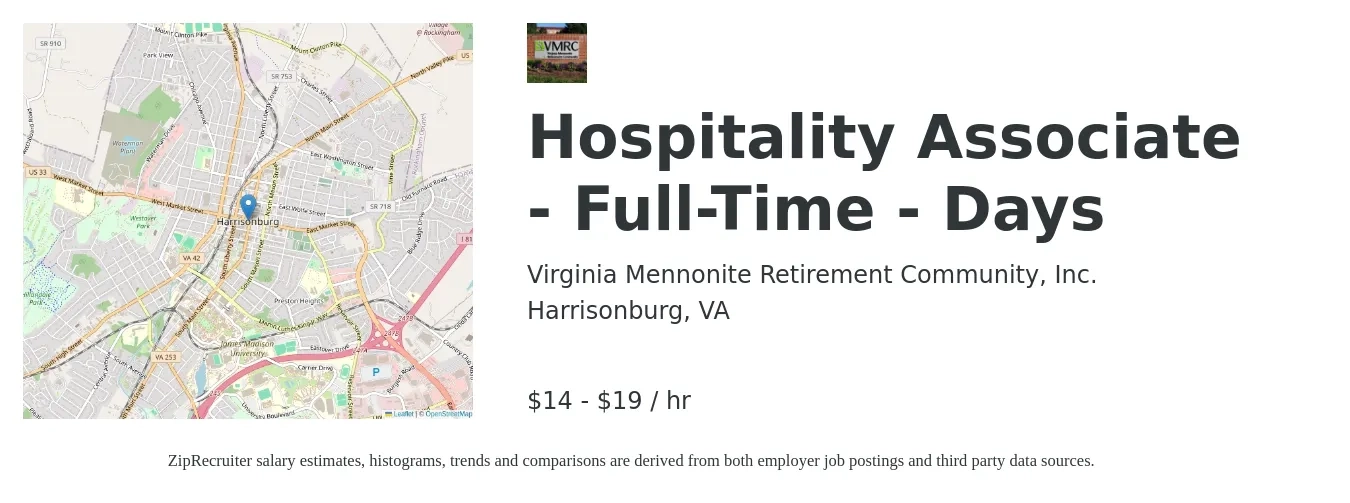 Virginia Mennonite Retirement Community, Inc. job posting for a Hospitality Associate - Full-Time - Days in Harrisonburg, VA with a salary of $15 to $20 Hourly with a map of Harrisonburg location.
