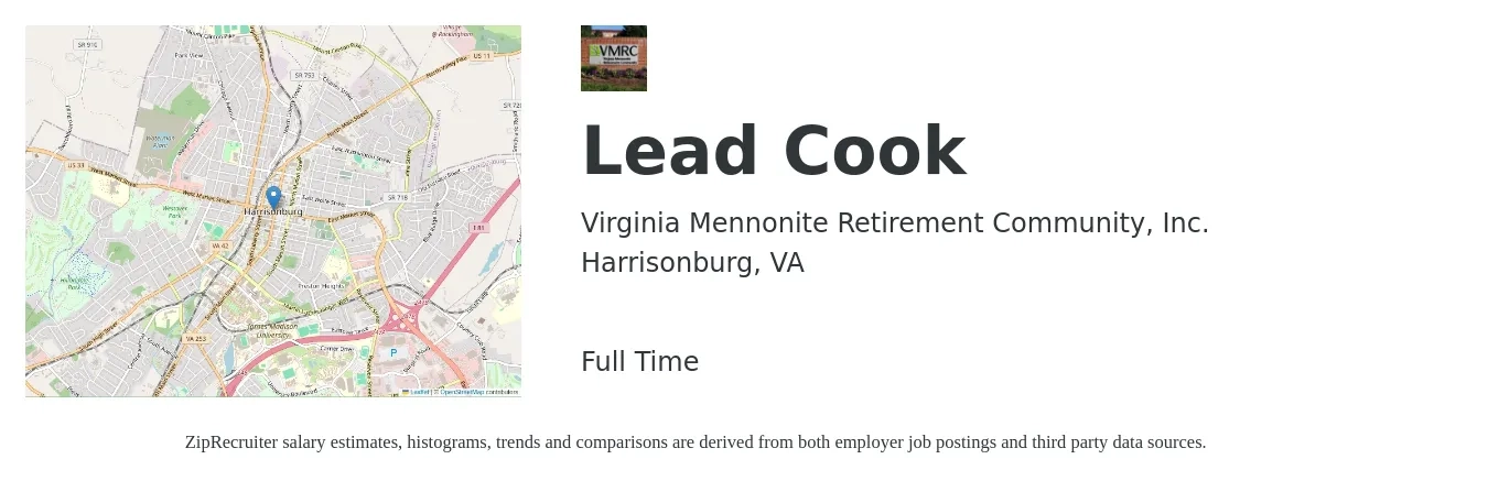 Virginia Mennonite Retirement Community, Inc. job posting for a Lead Cook in Harrisonburg, VA with a salary of $16 to $20 Hourly with a map of Harrisonburg location.