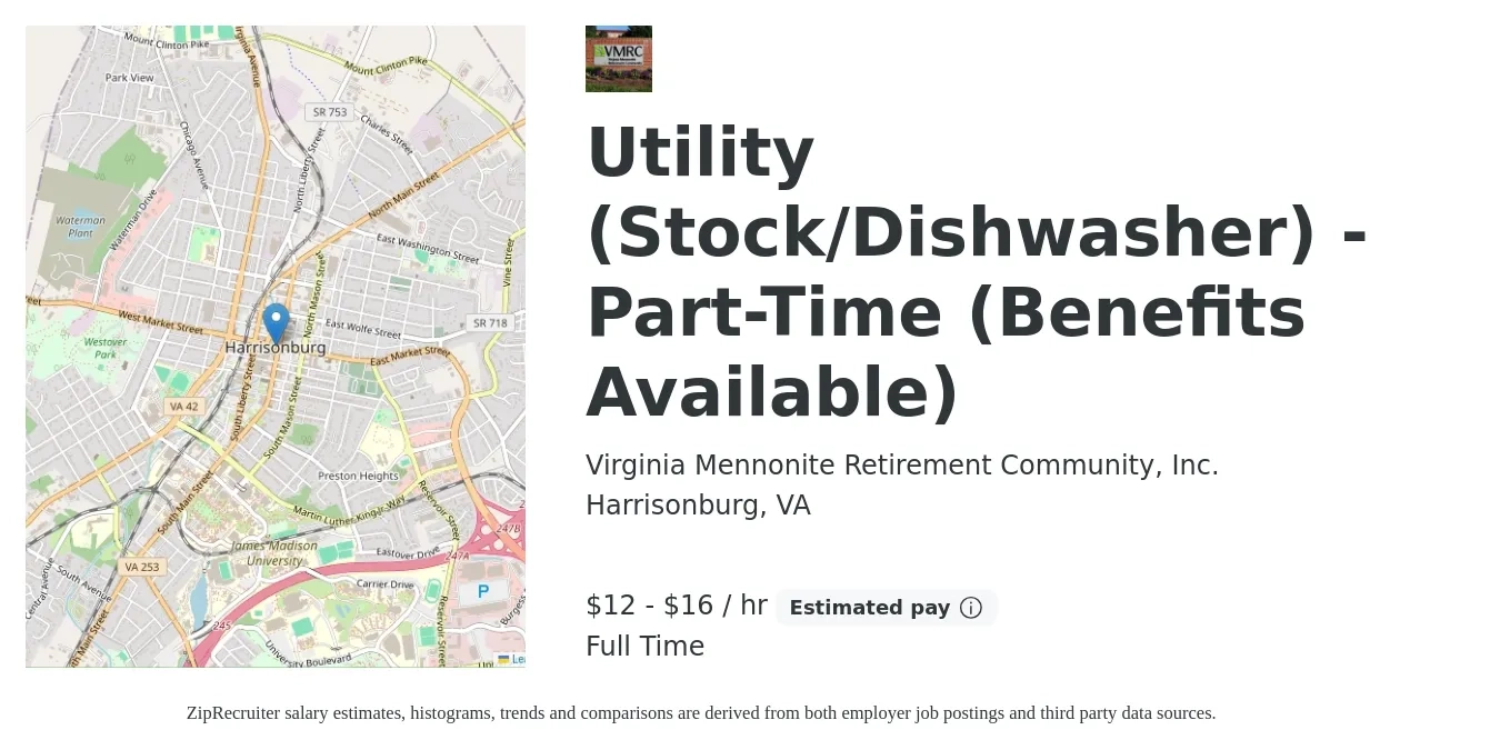 Virginia Mennonite Retirement Community, Inc. job posting for a Utility (Stock/Dishwasher) - Part-Time (Benefits Available) in Harrisonburg, VA with a salary of $13 to $17 Hourly with a map of Harrisonburg location.