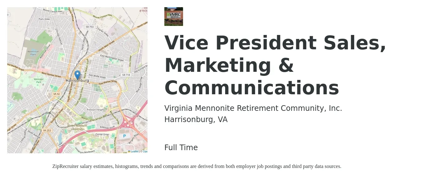 Virginia Mennonite Retirement Community, Inc. job posting for a Vice President Sales, Marketing & Communications in Harrisonburg, VA with a salary of $126,800 to $192,900 Yearly with a map of Harrisonburg location.