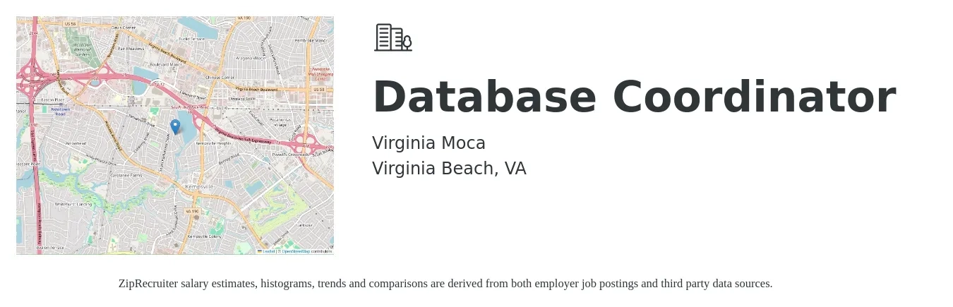 Virginia Moca job posting for a Database Coordinator in Virginia Beach, VA with a salary of $45,000 Yearly with a map of Virginia Beach location.