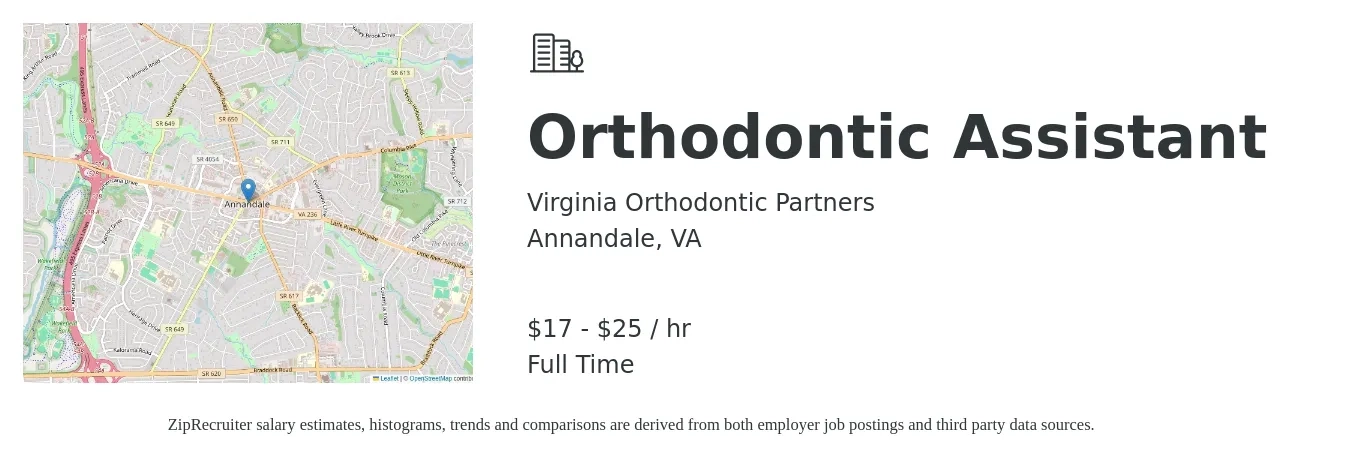 Virginia Orthodontic Partners job posting for a Orthodontic Assistant in Annandale, VA with a salary of $18 to $27 Hourly with a map of Annandale location.