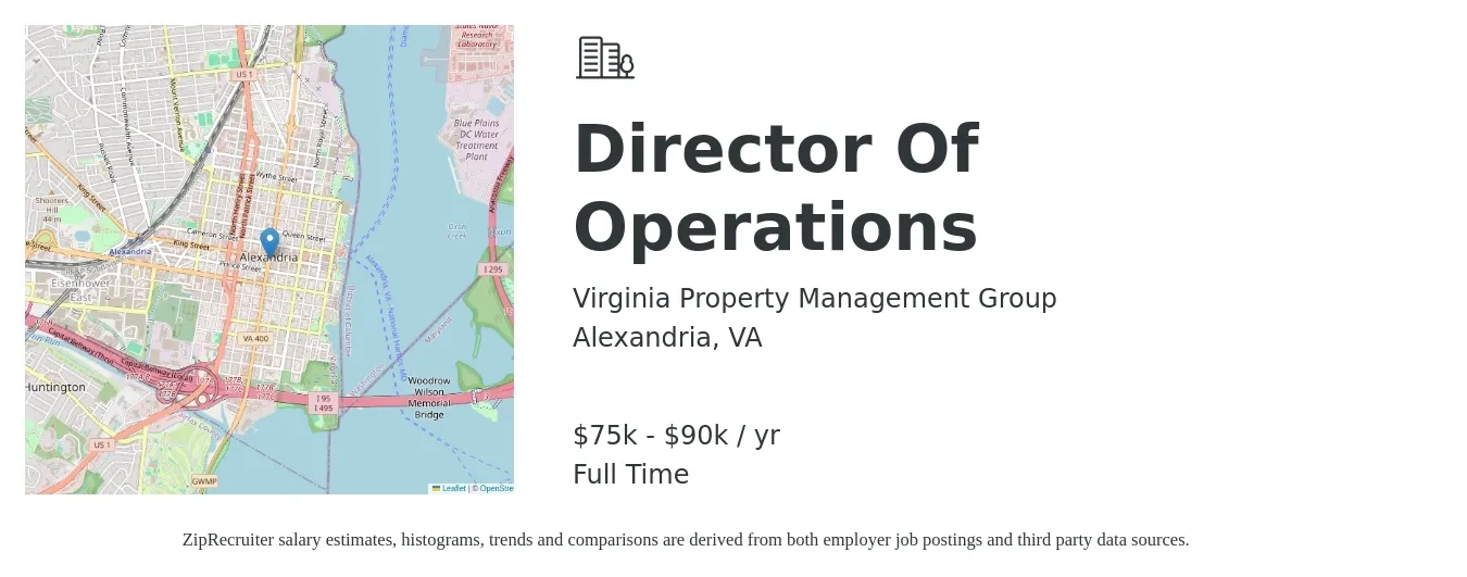 Virginia Property Management Group job posting for a Director Of Operations in Alexandria, VA with a salary of $60,000 to $65,000 Yearly with a map of Alexandria location.
