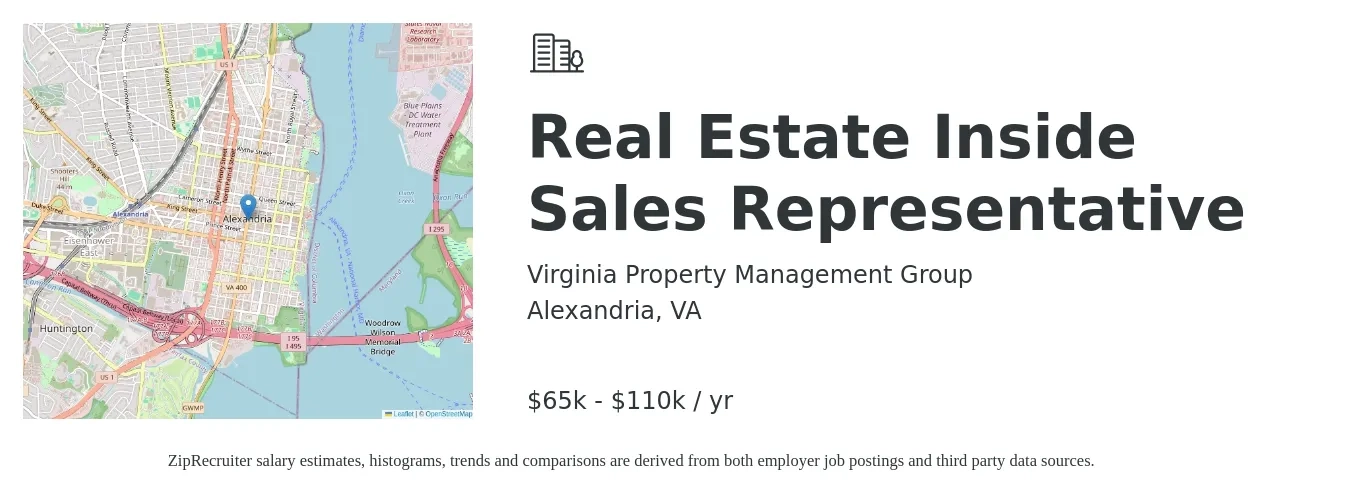 Virginia Property Management Group job posting for a Real Estate Inside Sales Representative in Alexandria, VA with a salary of $65,000 to $110,000 Yearly with a map of Alexandria location.