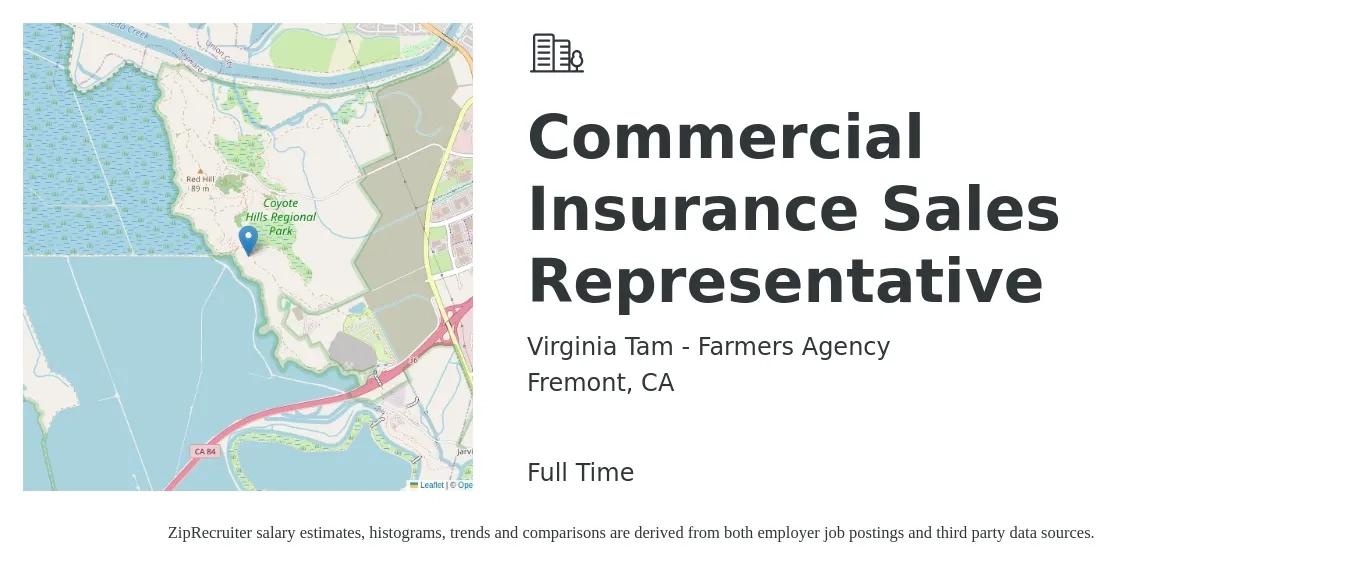 Virginia Tam - Farmers Agency job posting for a Commercial Insurance Sales Representative in Fremont, CA with a salary of $52,900 to $131,200 Yearly with a map of Fremont location.