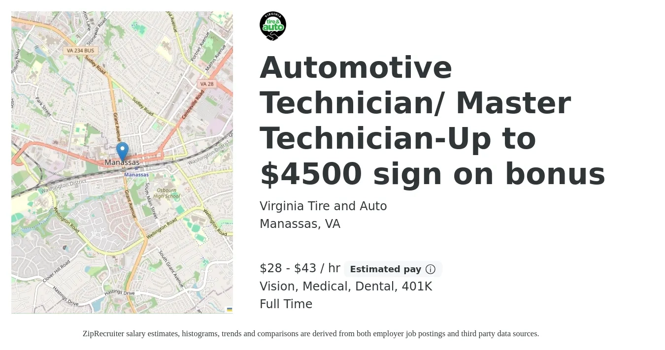 Virginia Tire and Auto job posting for a Automotive Technician/ Master Technician-Up to $4500 sign on bonus in Manassas, VA with a salary of $30 to $45 Hourly and benefits including dental, life_insurance, medical, vision, and 401k with a map of Manassas location.