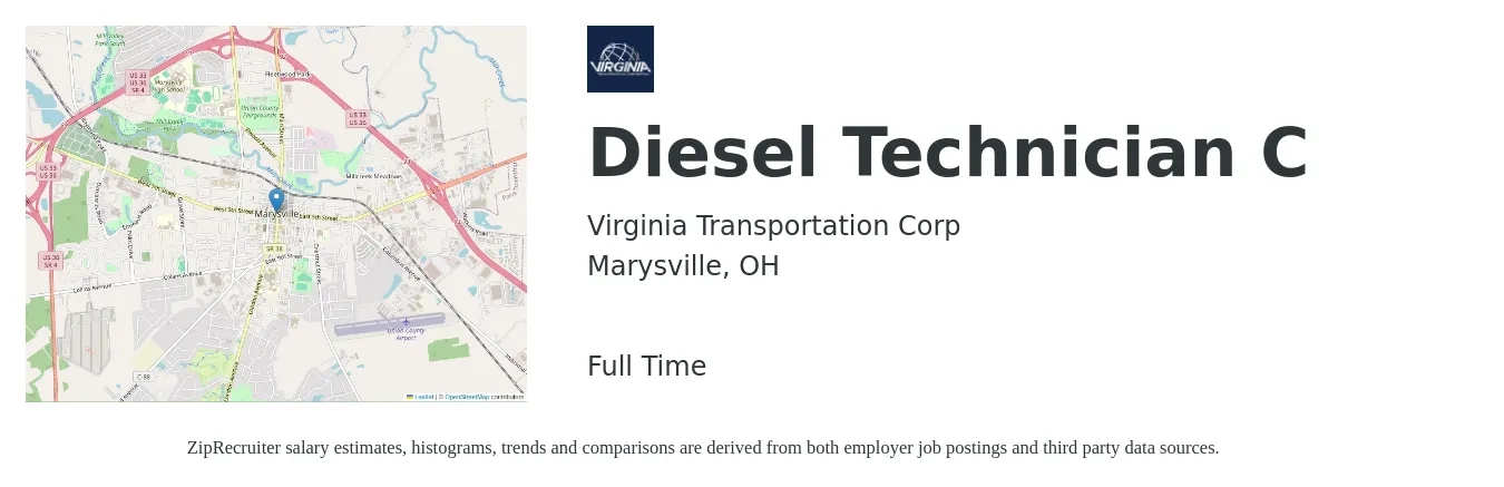Virginia Transportation Corp job posting for a Diesel Technician C in Marysville, OH with a salary of $24 to $34 Hourly with a map of Marysville location.