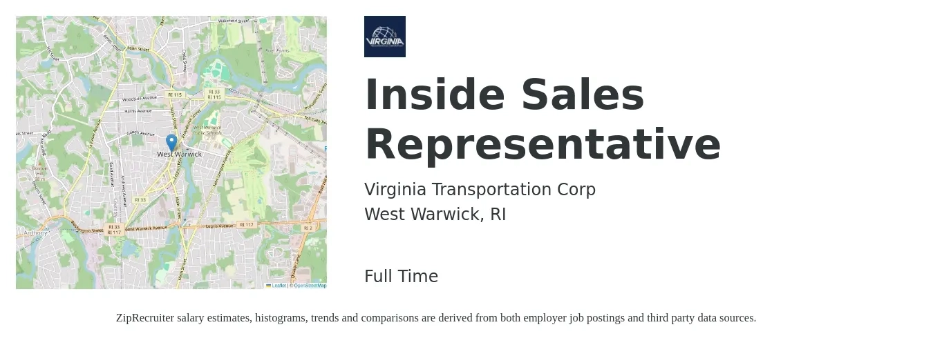 Virginia Transportation Corp job posting for a Inside Sales Representative in West Warwick, RI with a salary of $38,400 to $57,300 Yearly with a map of West Warwick location.