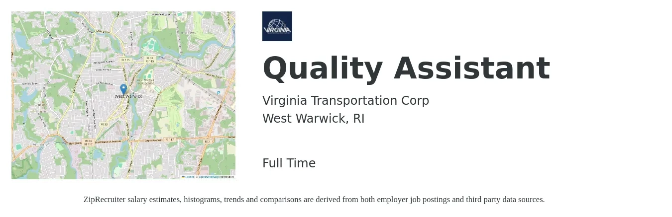 Virginia Transportation Corp job posting for a Quality Assistant in West Warwick, RI with a salary of $17 to $22 Hourly with a map of West Warwick location.