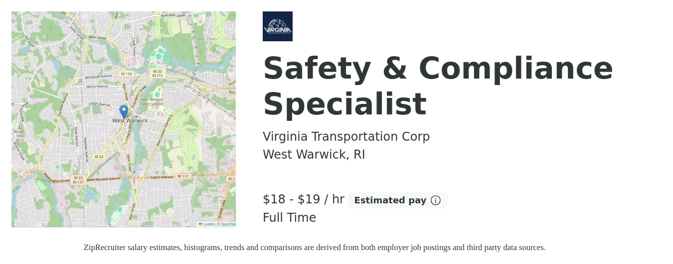 Virginia Transportation Corp job posting for a Safety & Compliance Specialist in West Warwick, RI with a salary of $19 to $20 Hourly with a map of West Warwick location.
