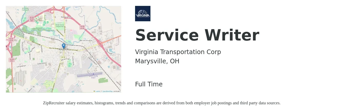 Virginia Transportation Corp job posting for a Service Writer in Marysville, OH with a salary of $18 to $27 Hourly with a map of Marysville location.