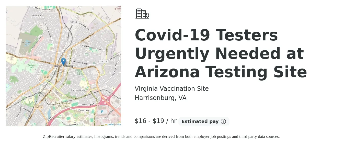 Virginia Vaccination Site job posting for a Covid-19 Testers Urgently Needed at Arizona Testing Site in Harrisonburg, VA with a salary of $17 to $20 Hourly with a map of Harrisonburg location.