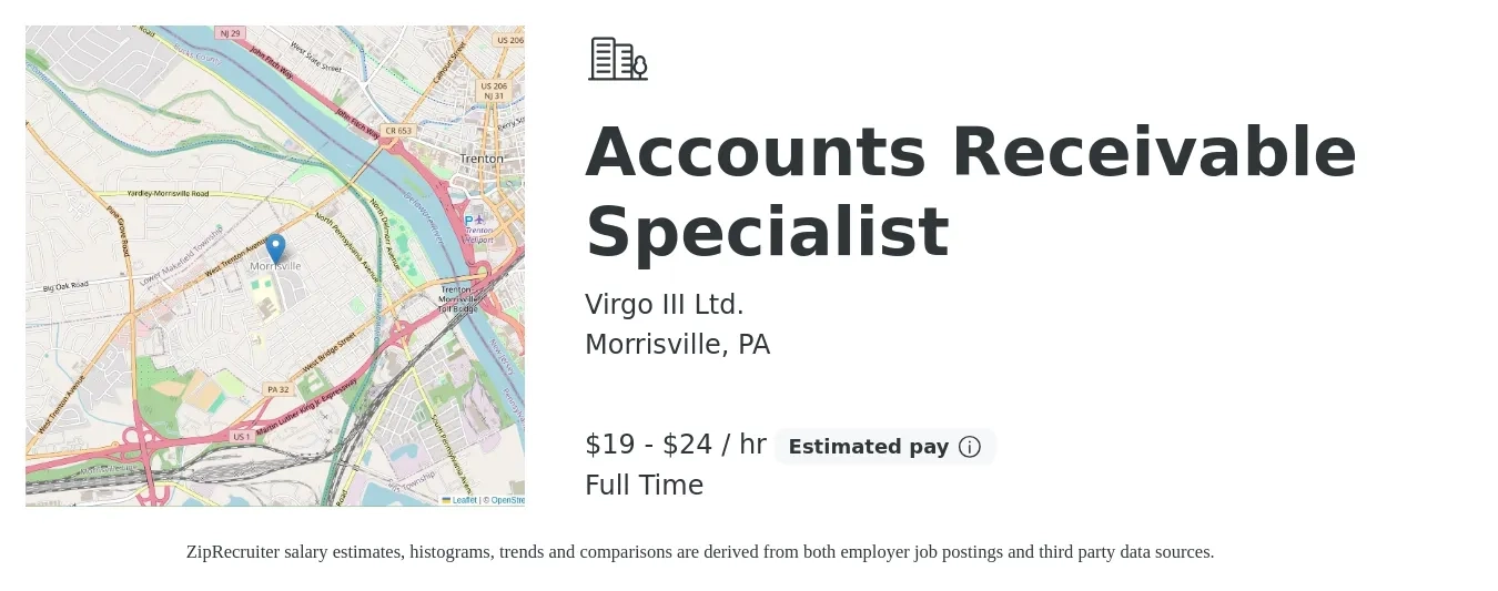 Virgo III Ltd. job posting for a Accounts Receivable Specialist in Morrisville, PA with a salary of $20 to $25 Hourly with a map of Morrisville location.