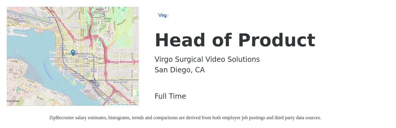 Virgo Surgical Video Solutions job posting for a Head of Product in San Diego, CA with a salary of $225,000 to $250,000 Yearly with a map of San Diego location.