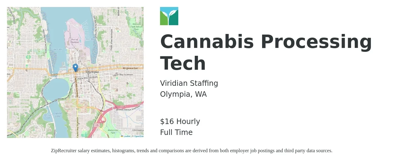 Viridian Staffing job posting for a Cannabis Processing Tech in Olympia, WA with a salary of $17 Hourly with a map of Olympia location.
