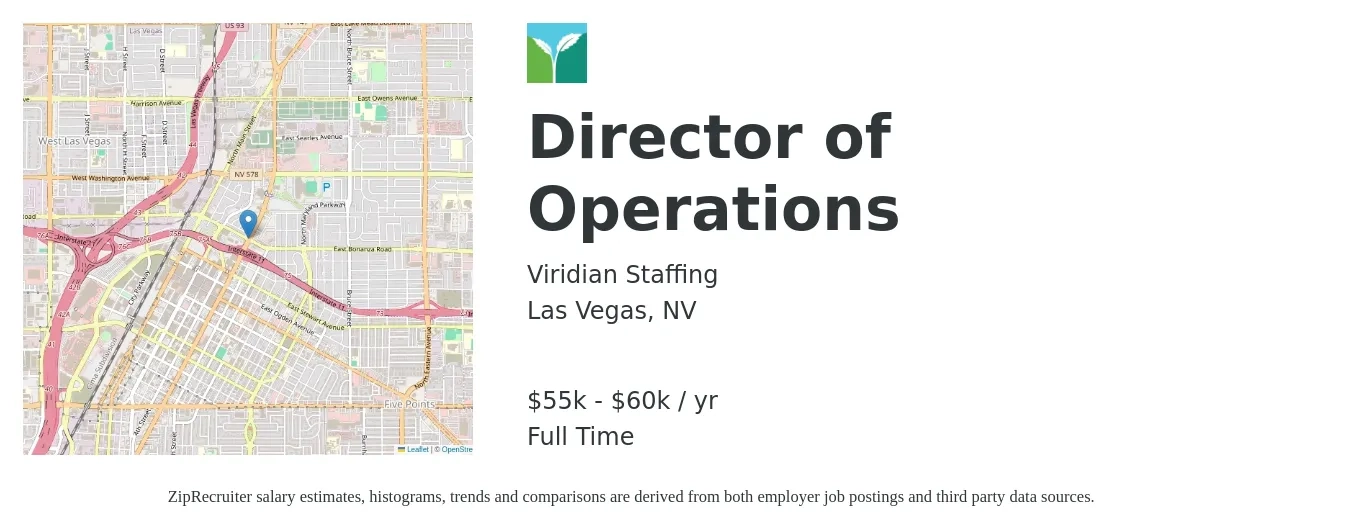 Viridian Staffing job posting for a Director of Operations in Las Vegas, NV with a salary of $55,000 to $60,000 Yearly with a map of Las Vegas location.