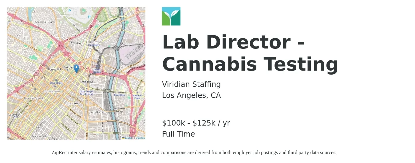 Viridian Staffing job posting for a Lab Director - Cannabis Testing in Los Angeles, CA with a salary of $100,000 to $125,000 Yearly with a map of Los Angeles location.