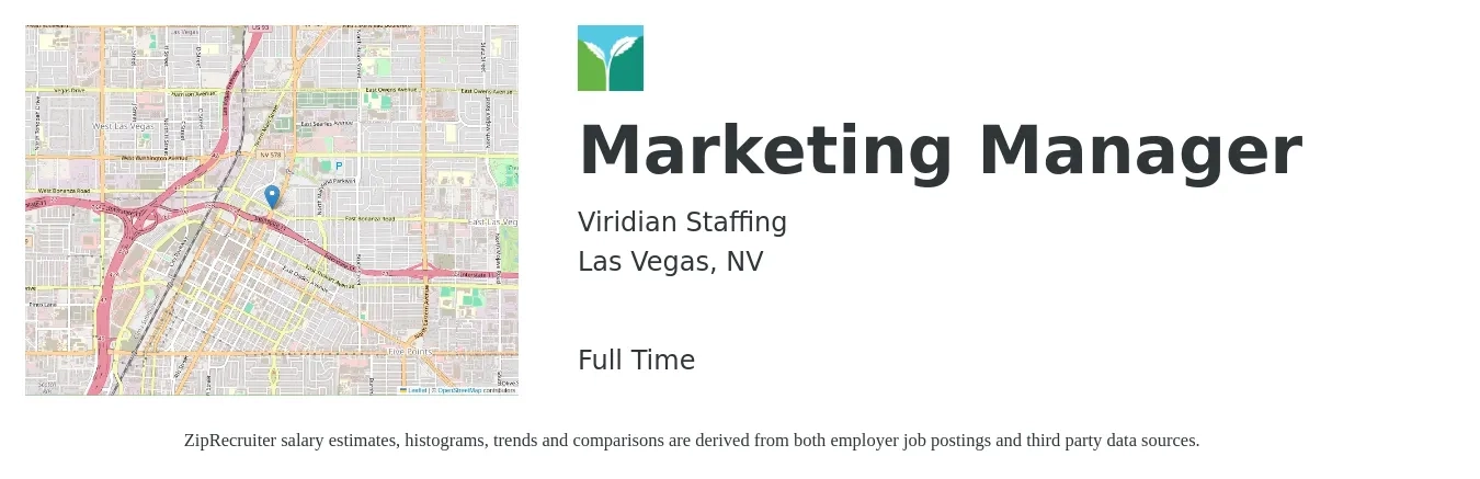 Viridian Staffing job posting for a Marketing Manager in Las Vegas, NV with a salary of $54,900 to $89,700 Yearly with a map of Las Vegas location.
