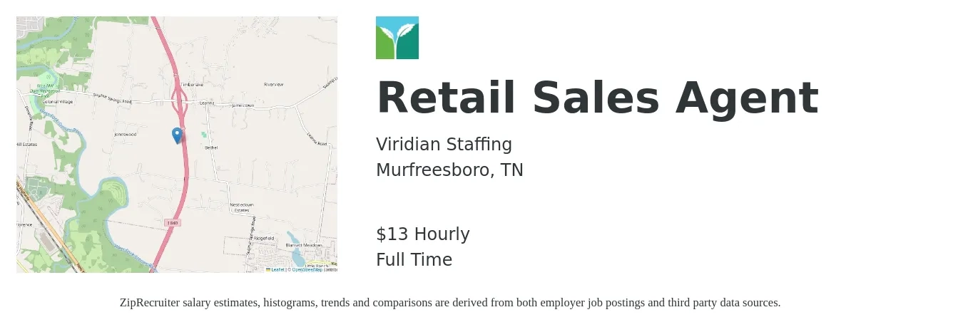 Viridian Staffing job posting for a Retail Sales Agent in Murfreesboro, TN with a salary of $14 Hourly with a map of Murfreesboro location.