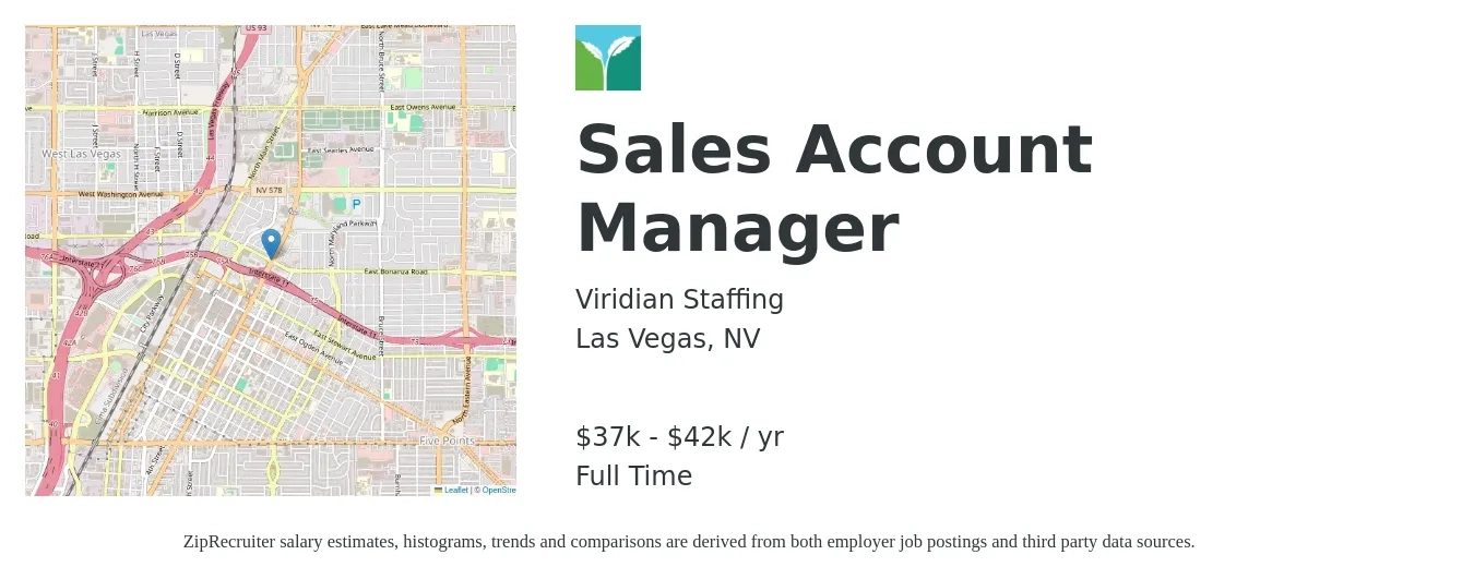 Viridian Staffing job posting for a Sales Account Manager in Las Vegas, NV with a salary of $37,000 to $42,000 Yearly with a map of Las Vegas location.