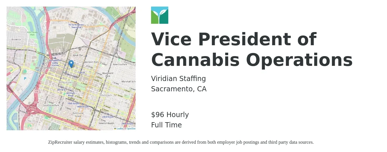 Viridian Staffing job posting for a Vice President of Cannabis Operations in Sacramento, CA with a salary of $100 Hourly with a map of Sacramento location.