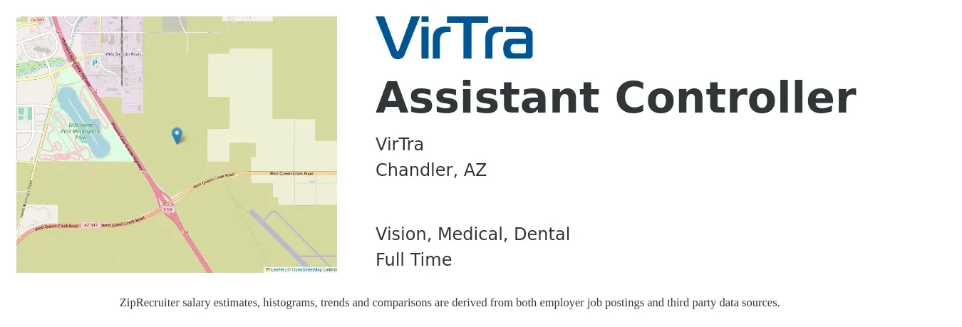 VirTra job posting for a Assistant Controller in Chandler, AZ with a salary of $82,200 to $117,200 Yearly and benefits including life_insurance, medical, retirement, vision, and dental with a map of Chandler location.