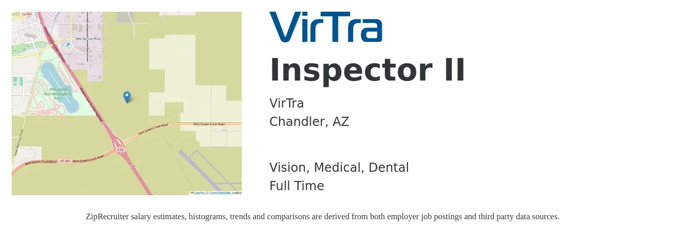 VirTra job posting for a Inspector II in Chandler, AZ with a salary of $16 to $24 Hourly and benefits including life_insurance, medical, retirement, vision, and dental with a map of Chandler location.
