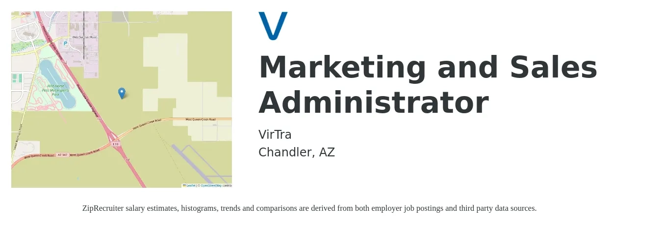 VirTra job posting for a Marketing and Sales Administrator in Chandler, AZ with a salary of $42,400 to $54,100 Yearly with a map of Chandler location.
