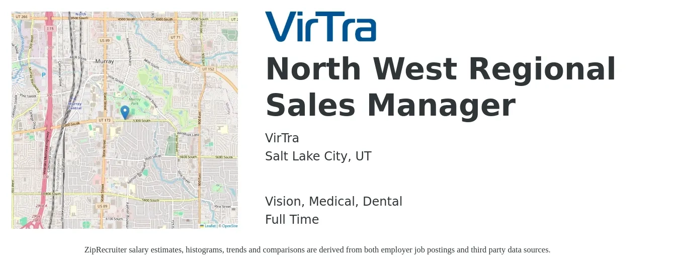 VirTra job posting for a North West Regional Sales Manager in Salt Lake City, UT with a salary of $69,700 to $108,900 Yearly and benefits including dental, life_insurance, medical, retirement, and vision with a map of Salt Lake City location.