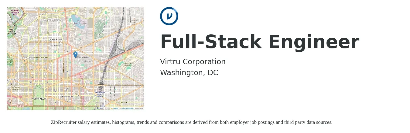 Virtru job posting for a Full-Stack Engineer in Washington, DC with a salary of $125,700 to $179,000 Yearly with a map of Washington location.