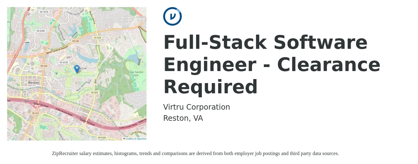 Virtru job posting for a Full-Stack Software Engineer - Clearance Required in Reston, VA with a salary of $115,500 to $164,400 Yearly with a map of Reston location.