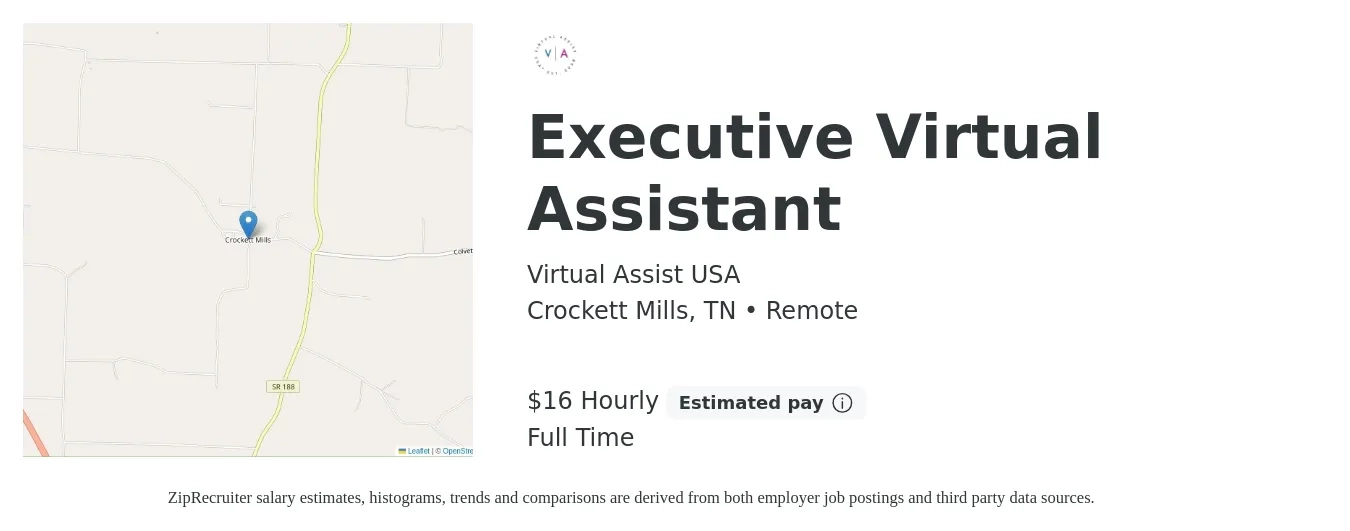 Virtual Assist USA job posting for a Executive Virtual Assistant in Crockett Mills, TN with a salary of $17 Hourly with a map of Crockett Mills location.