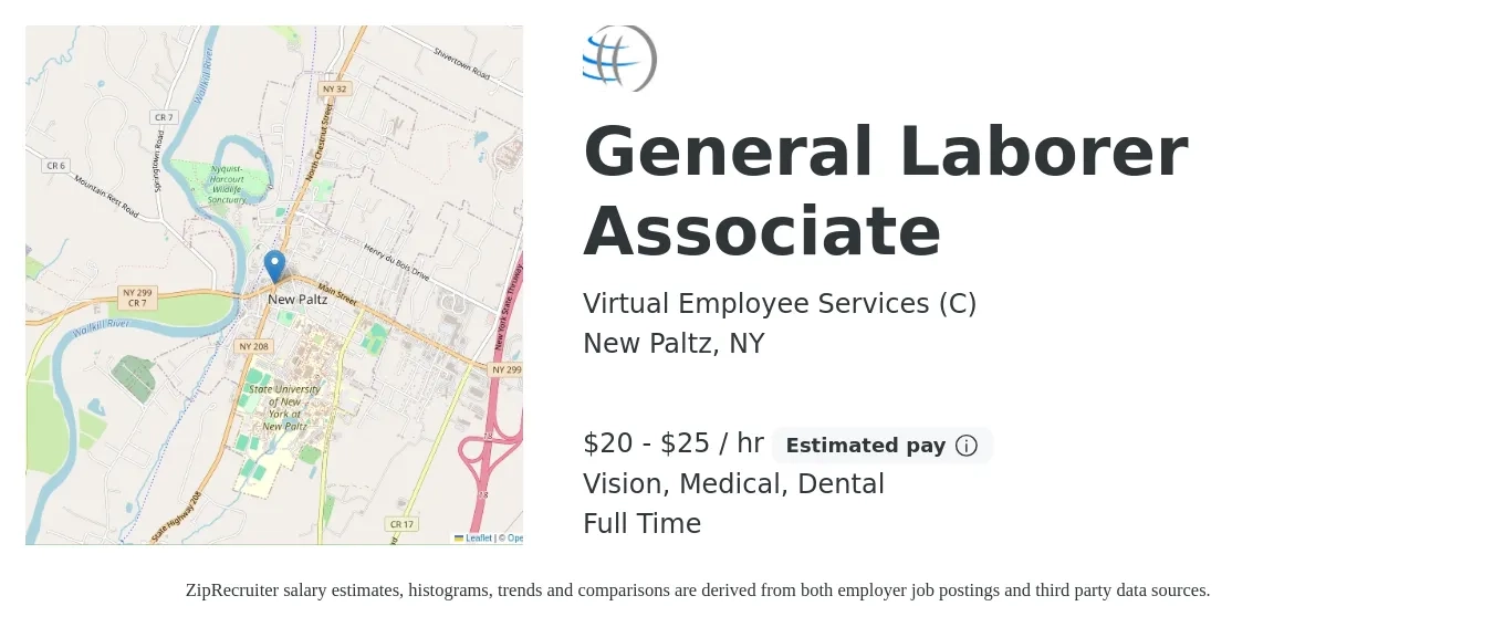 Virtual Employee Services (C) job posting for a General Laborer Associate in New Paltz, NY with a salary of $21 to $27 Hourly and benefits including dental, life_insurance, medical, pto, retirement, and vision with a map of New Paltz location.