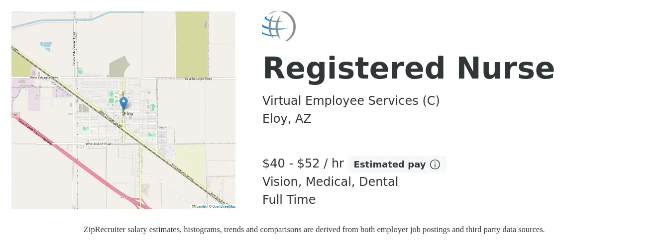 Virtual Employee Services (C) job posting for a Registered Nurse in Eloy, AZ with a salary of $42 to $54 Hourly and benefits including vision, dental, life_insurance, medical, and retirement with a map of Eloy location.