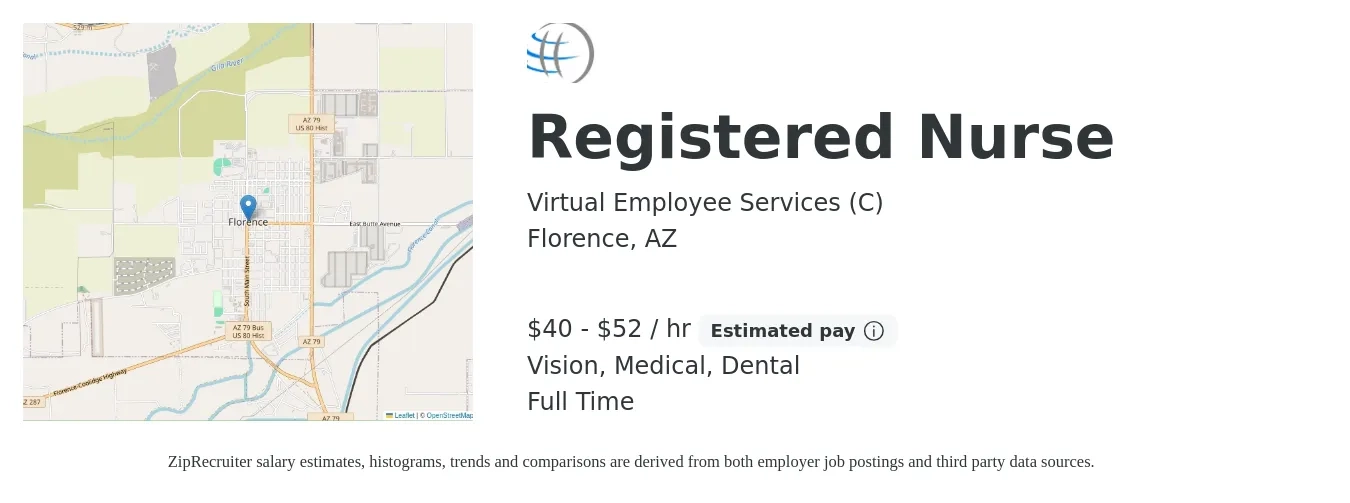 Virtual Employee Services (C) job posting for a Registered Nurse in Florence, AZ with a salary of $42 to $54 Hourly and benefits including dental, life_insurance, medical, retirement, and vision with a map of Florence location.