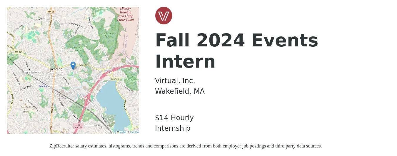 Virtual, Inc. job posting for a Fall 2024 Events Intern in Wakefield, MA with a salary of $15 Hourly with a map of Wakefield location.