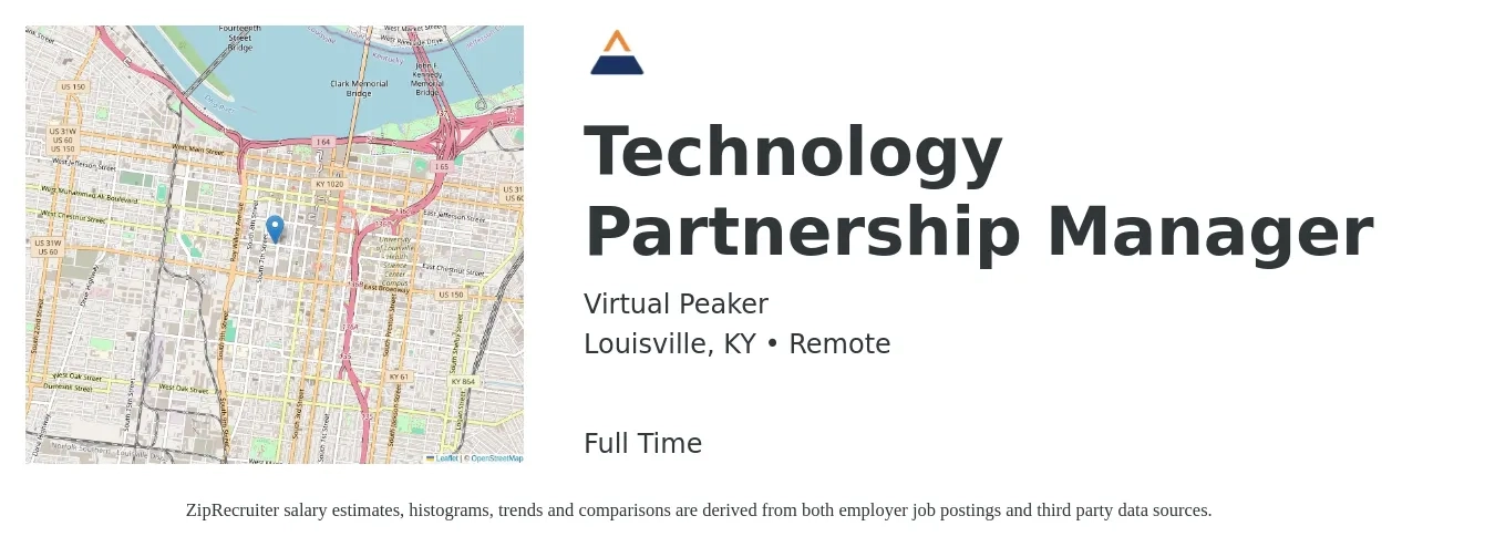 Virtual Peaker job posting for a Technology Partnership Manager in Louisville, KY with a salary of $61,000 to $114,800 Yearly with a map of Louisville location.