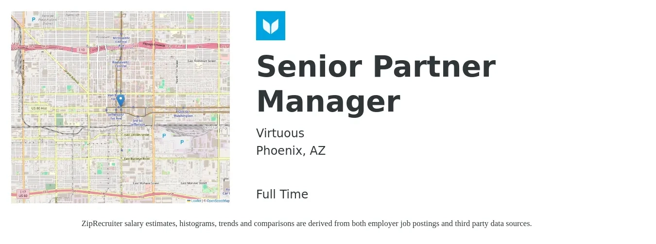 Virtuous job posting for a Senior Partner Manager in Phoenix, AZ with a salary of $82,400 to $115,700 Yearly with a map of Phoenix location.