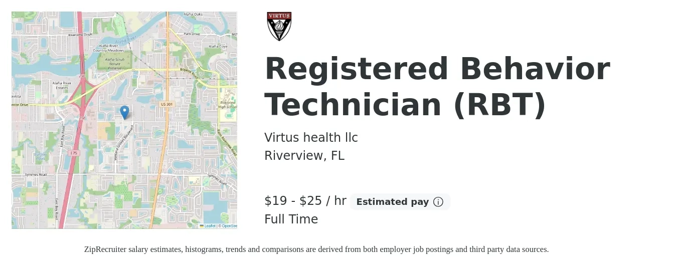 Virtus health llc job posting for a Registered Behavior Technician (RBT) in Riverview, FL with a salary of $20 to $27 Hourly with a map of Riverview location.