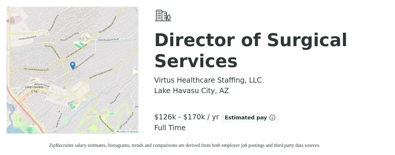 Virtus Healthcare Staffing, LLC job posting for a Director of Surgical Services in Lake Havasu City, AZ with a salary of $126,000 to $170,000 Yearly with a map of Lake Havasu City location.