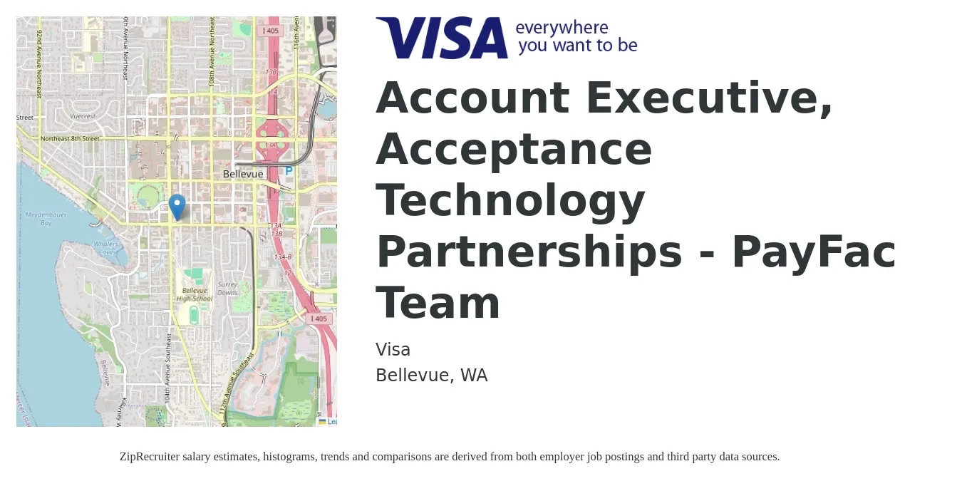 Visa job posting for a Account Executive, Acceptance Technology Partnerships - PayFac Team in Bellevue, WA with a salary of $60,900 to $107,200 Yearly with a map of Bellevue location.