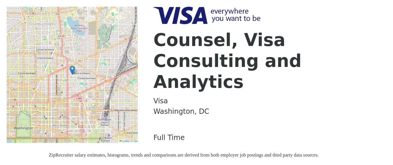 Visa job posting for a Counsel, Visa Consulting and Analytics in Washington, DC with a salary of $147,200 to $207,800 Yearly with a map of Washington location.