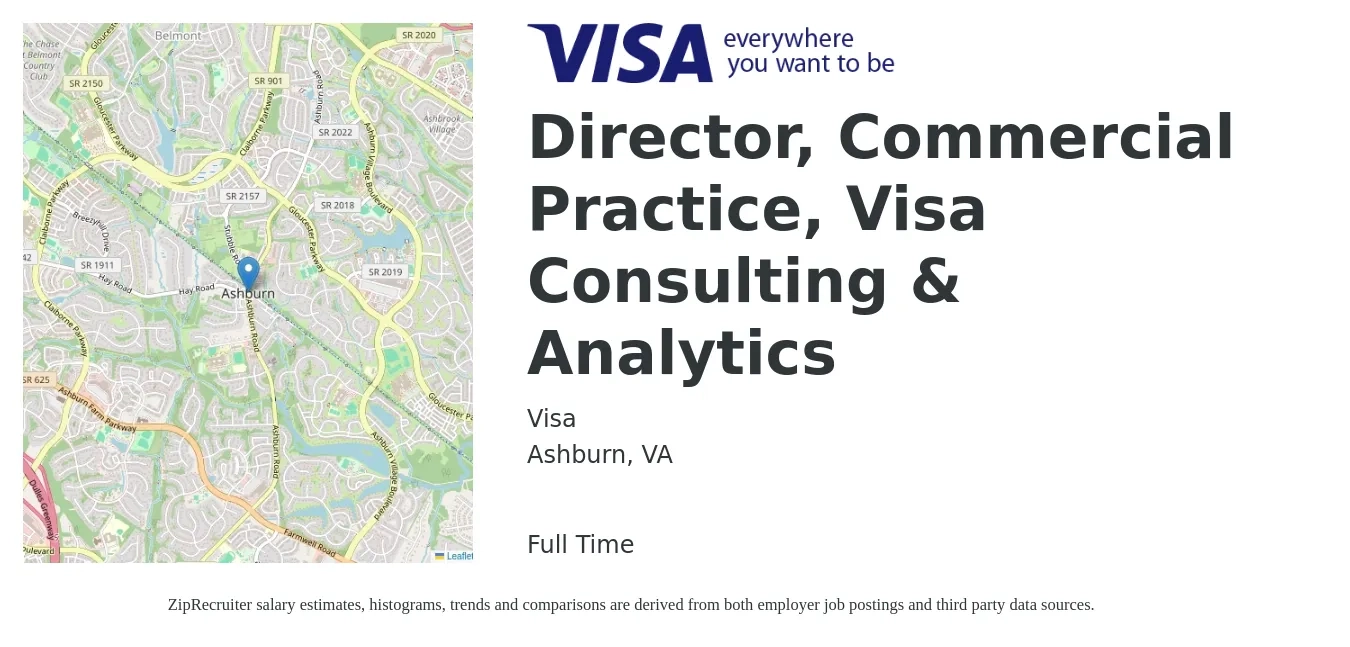 Visa job posting for a Director, Commercial Practice, Visa Consulting & Analytics in Ashburn, VA with a salary of $114,500 to $184,100 Yearly with a map of Ashburn location.