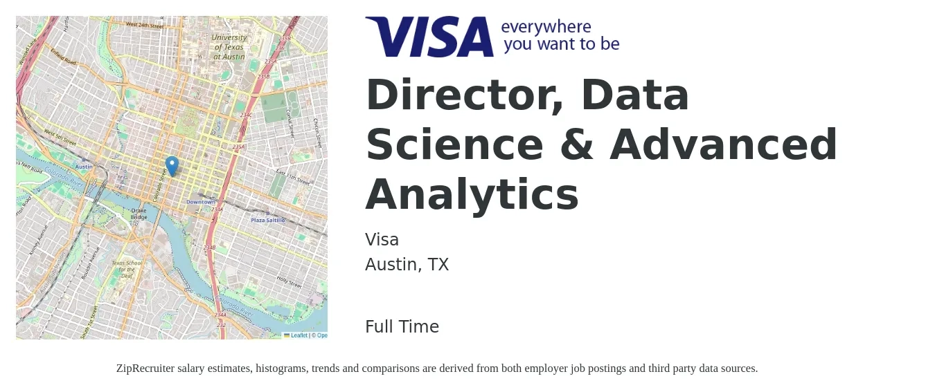 Visa job posting for a Director, Data Science & Advanced Analytics in Austin, TX with a salary of $111,000 to $178,400 Yearly with a map of Austin location.