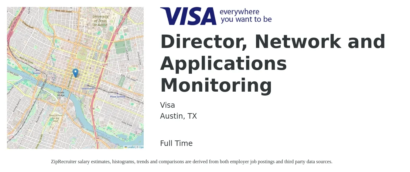 Visa job posting for a Director, Network and Applications Monitoring in Austin, TX with a salary of $226,000 Yearly with a map of Austin location.