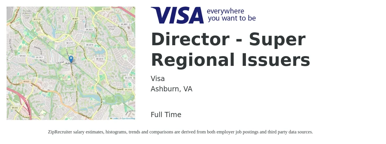 Visa job posting for a Director - Super Regional Issuers in Ashburn, VA with a salary of $110,400 to $214,200 Yearly with a map of Ashburn location.