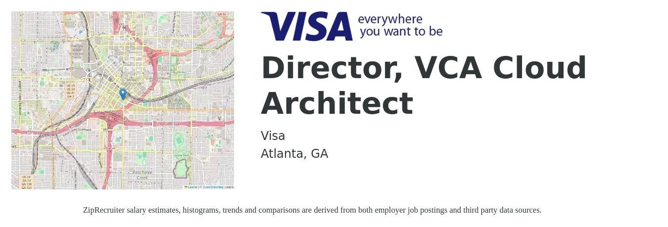 Visa job posting for a Director, VCA Cloud Architect in Atlanta, GA with a salary of $62 to $80 Hourly with a map of Atlanta location.
