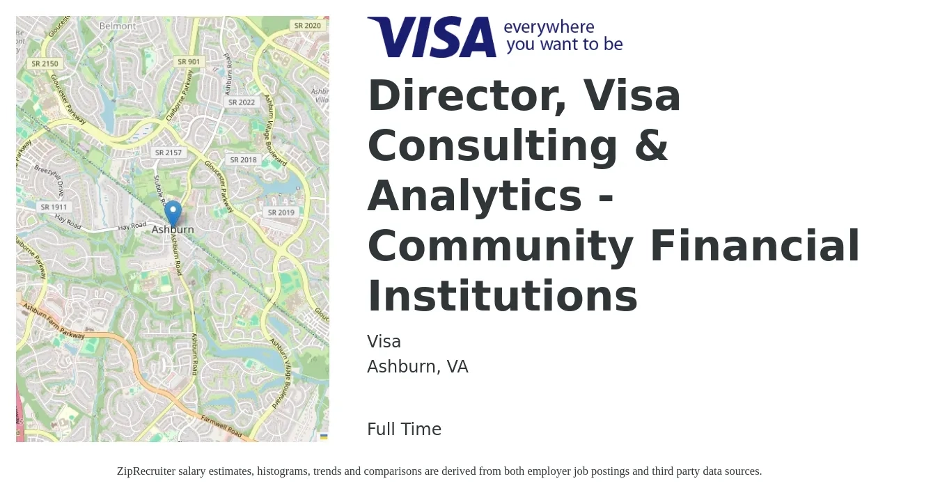 Visa job posting for a Director, Visa Consulting & Analytics - Community Financial Institutions in Ashburn, VA with a salary of $114,500 to $184,100 Yearly with a map of Ashburn location.