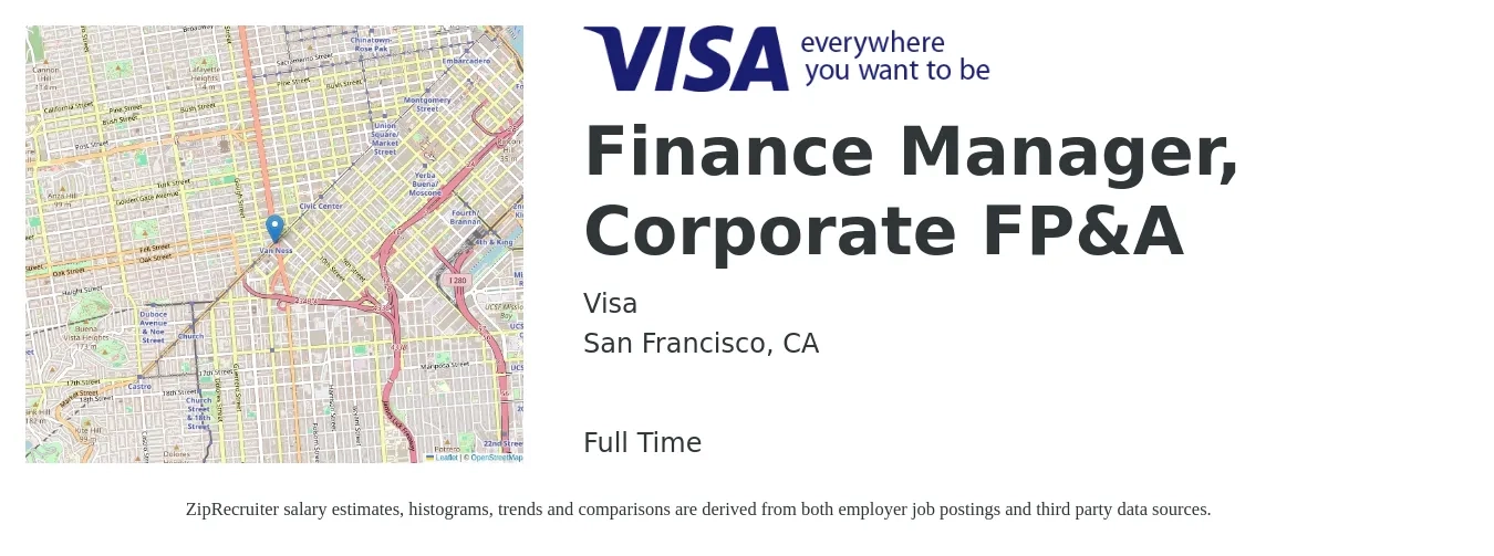 Visa job posting for a Finance Manager, Corporate FP&A in San Francisco, CA with a salary of $111,300 to $197,900 Yearly with a map of San Francisco location.